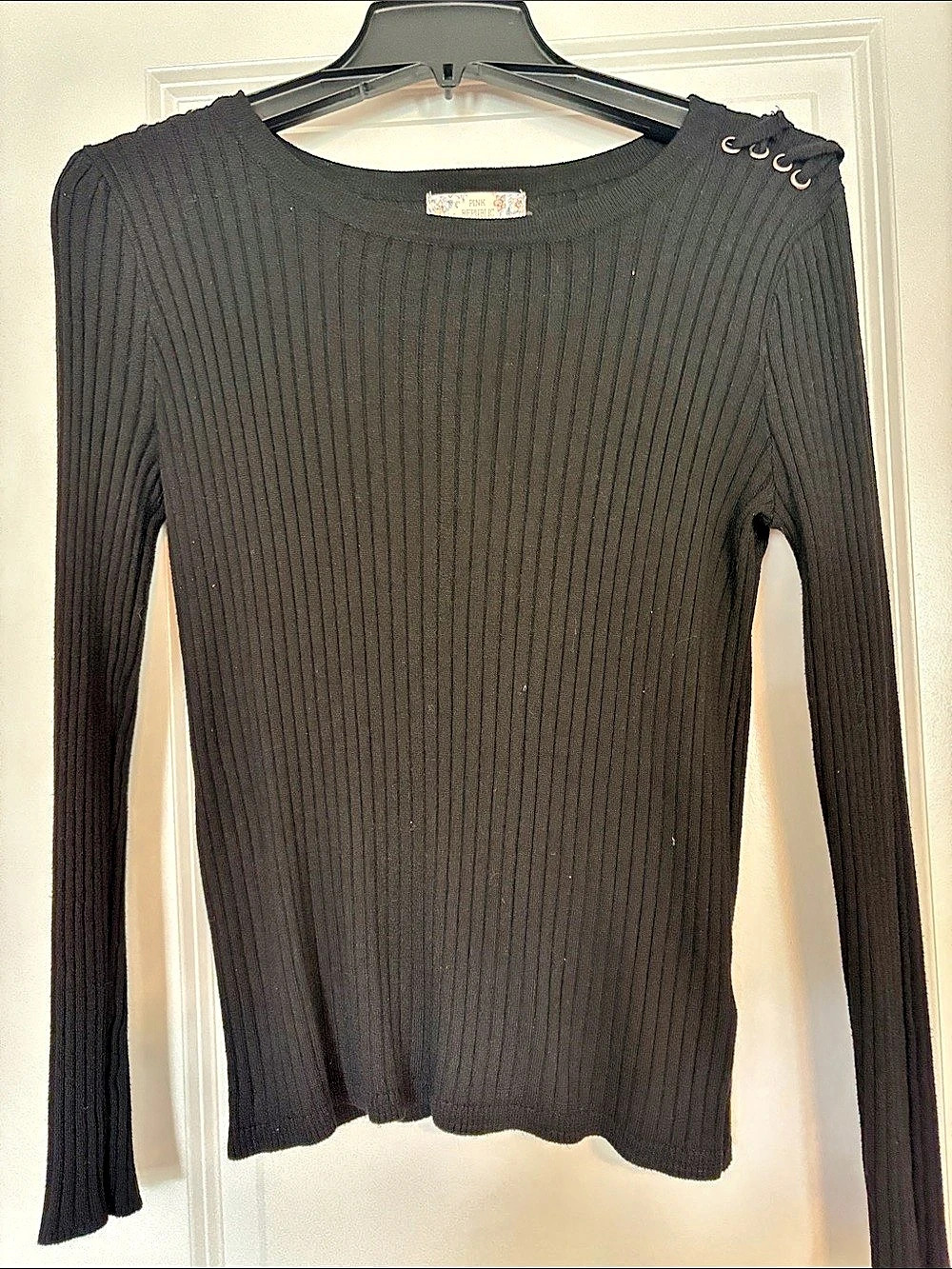 Pink Republic Ribbed Lace-Up Shoulder Sweater in Black Large Like New